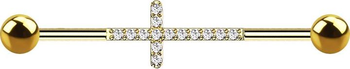 Actual product image Star Piercing Barbell vergoldet mit zwei Kugeln Kreuz mit Kristallen silber (without brass, Titanium G23)