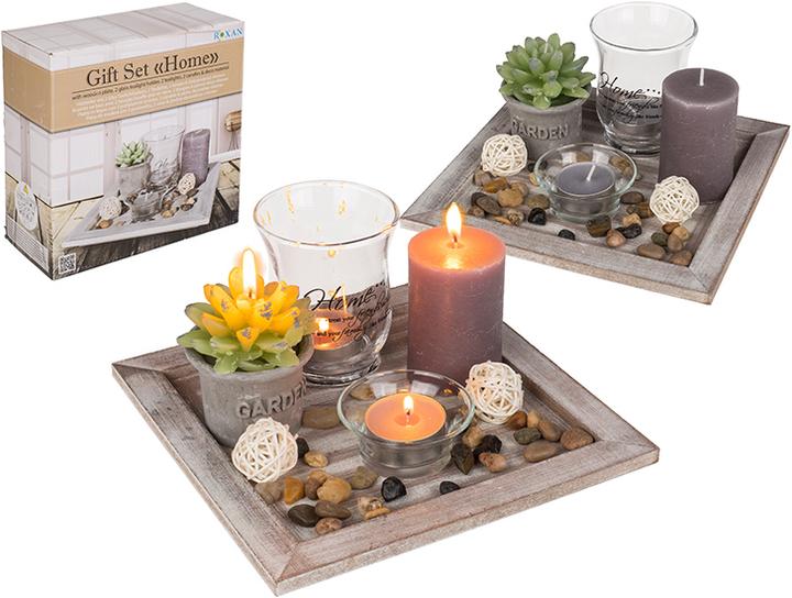 Immagine prodotto G. Wurm Set di luci a vento, piatto in legno, 20x20cm, 2 lanterne in vetro, 2xlampade, 2xcandele, pietre (2 x)
