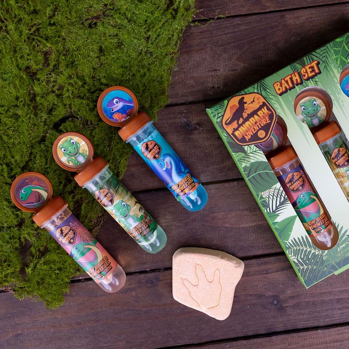 Produktbild Accentra Badeset DINOPARK ADVENTURE in Geschenkbox, inkl. 3 x 30ml Duschgel-Seifenblasen, Duft: Apfel, Farbe: (Haarpflege set)