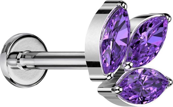 Star Piercing Micro Labret Innengewinde silber drei Ovalen Kristalle violett (ohne Messing, Titan G23)