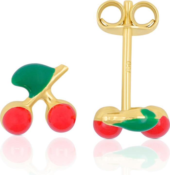 Muau Stud earrings cherries yellow gold 750 red/green 7mm (Weissgold, Rotgold oder Silber, Gelbgold)