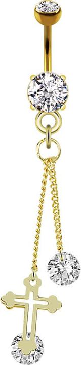 Star Piercing Banane 14k vergoldet mit zwei Kugeln Kristall silber Anhänger Kreuz und Kette mit Kristall (ohne Messing, Chirurgenstahl 316L)