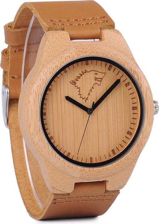 Natura Punto Orologio Aparte in bambù con animale selvatico stilizzato, cinturino in pelle