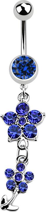 Star Piercing Banane silber mit Anhänger zwei Kristallblumen dunkelblau (ohne Messing, Chirurgenstahl 316L)
