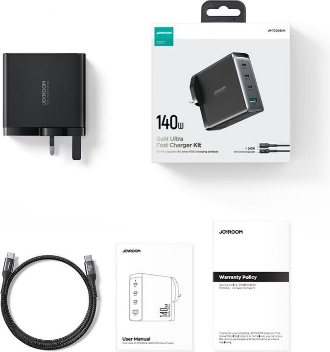 Actual product image Joyroom GaN charger UK JR-TCG05UK 140W 3x USB-C USB-A + USB-C / USB-C cable 240W 1.2m (140 W)