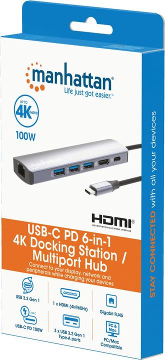 Actual product image Manhattan 6-in-1 4K USB-C docking station 1xHDMI 3xUSB 5 Gb/s (USB-C, 6 Ports)