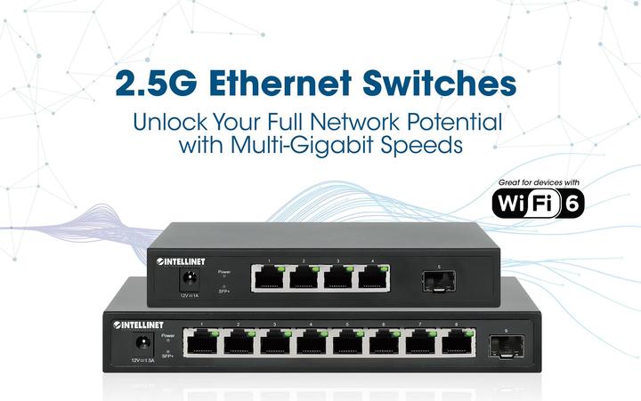 Actual product image Intellinet 5-port switch with 4 x 2.5G Ethernet ports and 1 SFP+ uplink (5 Ports)