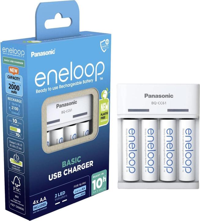 Panasonic eneloop Basic USB Charger BQ-CC61 (4 Stk., AA, 1900 mAh, Ladegerät inkl. Akku)