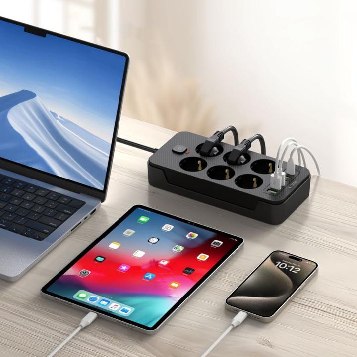 Actual product image Tech-Protect PC6X6 Power Strip 6 Sockets 240V + 3xUSB-A + 3xUSB-C 200cm - Black (3 x, USB-C, USB-A, 2 m)