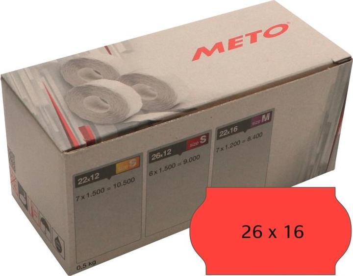 METO Etiket 26x16mm neon rød permanent lim 2 1200stk/rul - (1200 x 6 ruller)