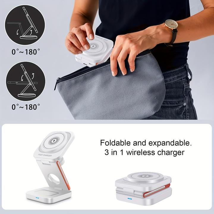 Produktbild PhoneLook 3-in-1 15W Magnetischer Kabelloser Ladegerät mit Faltbarem Ständer für iPhone / Apple Watch / AirPod (15 W)