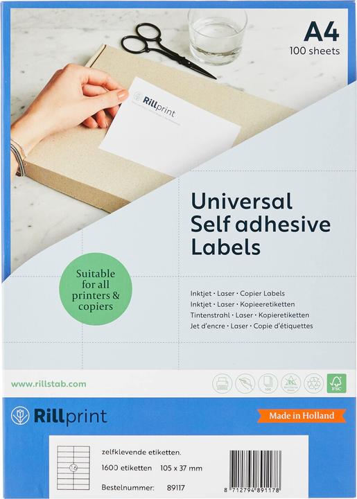 Immagine prodotto Rillprint Etichette universali, 105 x 37 mm, bianche autoadesive, certificate FSC, per stampanti inkjet e