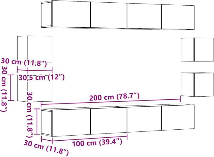 Image du produit VidaXL TV-Wandschränke 8 Stk. Altholz-Optik Holzwerkstoff HiFi-Schrank (100 x 30 x 30 cm)