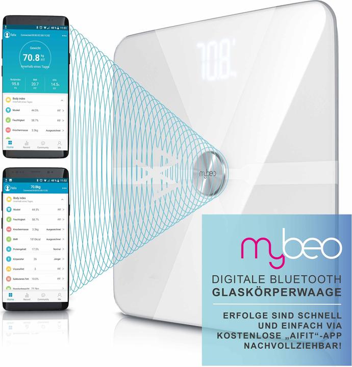 Produktbild Mybeo Körperfettwaage, Digitale Bluetooth Körper Analyse Waage, Diagnosewaage mit App-Steuerung, weiss (180 kg)