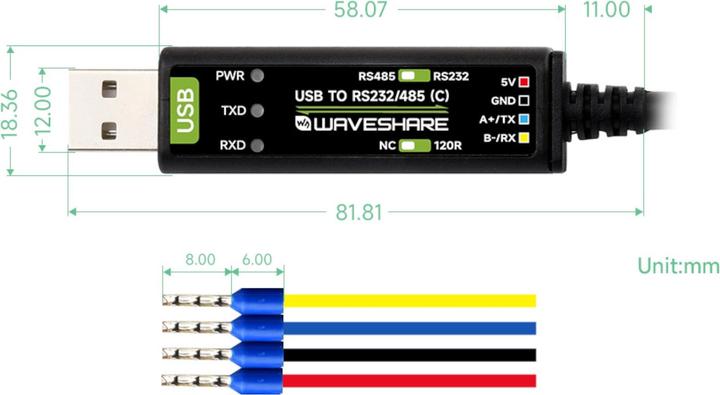 Label énergétique WaveShare Industrieller USB zu RS232/485 Konverter FT232RNL mit Kabel