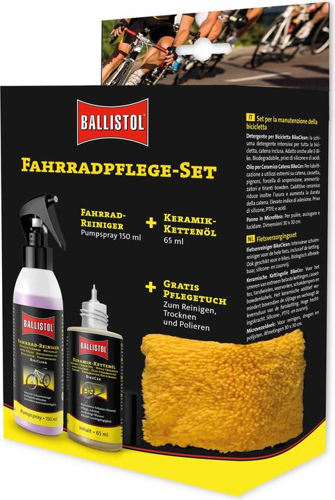 Produktbild Ballistol Fahrradpflege-Set, BikeCer 65 ml + BikeClean 150 ml + Mikrofasertuch, 30 x 30 cm (65 ml, Kettenöl)