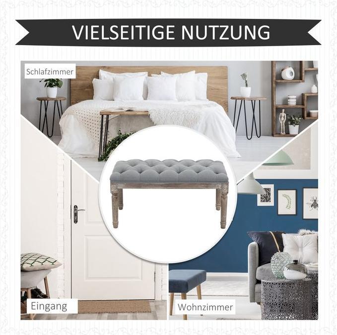 Produktbild Swisshandel24 Polsterbank Grau Sitzbank Vintage Bettbank mit Knöpfen Gummiholz Leinen 142 x 47 x 51 cm (81 cm)