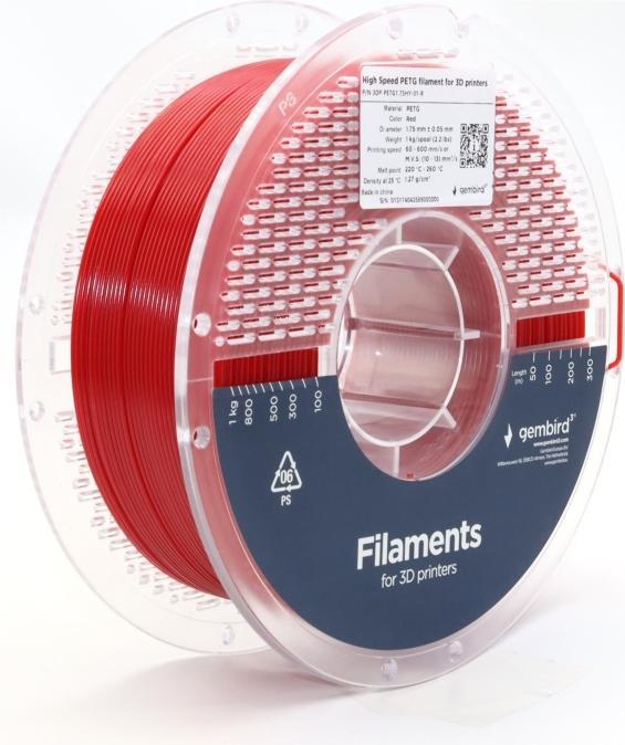 Immagine prodotto Gembird PETG ad alta velocità (PET, PETT) - Rd - 1,75 mm - 1 kg (PETG, 1.75 mm, 1000 g, Rosso)