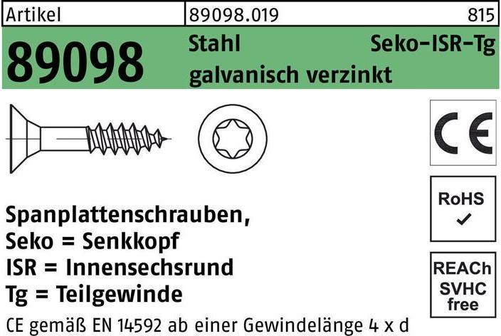 Productafbeelding Spaanplaatschroef R 89098 SEKO binnenzeskant TG 5 x 80/48 -T25 Verzinkt staal (500 Schroeven per stuk)