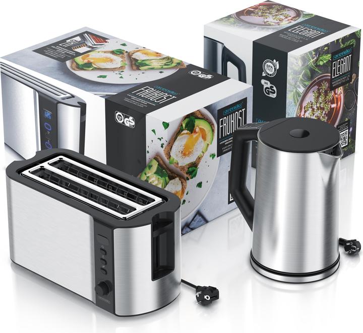 Produktbild Arendo Frühstücks Set, Edelstahl Wasserkocher 1,5l Temperaturwahl & 4-Scheiben Langschlitz Toaster, Silber
