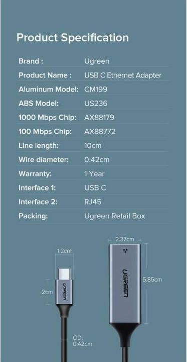 Produktbild Ugreen Gigabit Ethernet Adapter (USB-C 3.1 Gen 1, RJ45 (1x))