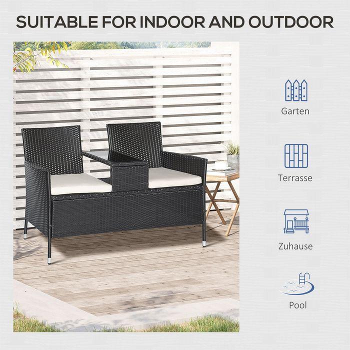 Produktbild Swisshandel24 Polyrattan Gartenbank Gartensofa Sitzbank mit Tisch 2-Sitzer Stahl Schwarz B133xT63xH84cm