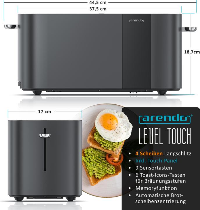Produktbild Arendo Toaster Edelstahl 4 Scheiben Langschlitz, Touch Display, Bräunungsgrad & Restzeitanzeige, 1500 W (EU-Stecker)