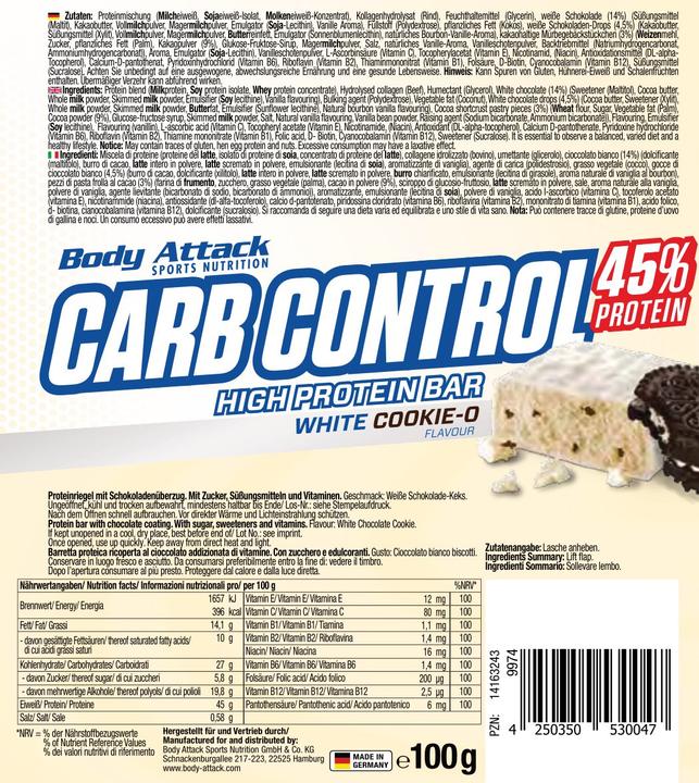 Nährwerte und Zutaten Body Attack Carb Control (100g) (White Cookie-O, 1 Stk., 100 g)