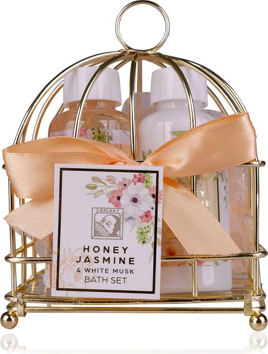 Immagine prodotto Accentra Set da bagno HONEY JASMINE in cestino metallico, include 100 ml di gel doccia, 100 ml di lozione (Set per la cura del corpo, Set per la cura dei capelli)