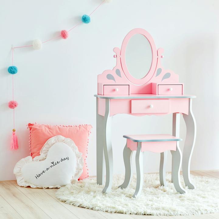 Actual product image Teamson Kids Kinder Schminktisch Rapunzel Inklusive Hocker in Pink und Grau