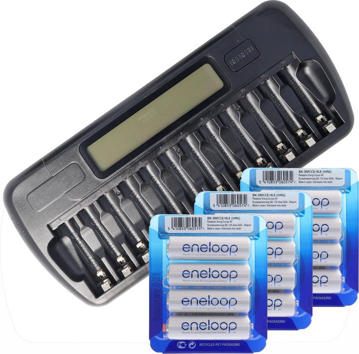 Panasonic eneloop Standard HR-3UTGA 12 Stück AA Mignon Akkus, LCD-Ladegerät mit Display für 1-12 AA (12 pcs., AA, Battery + charger)