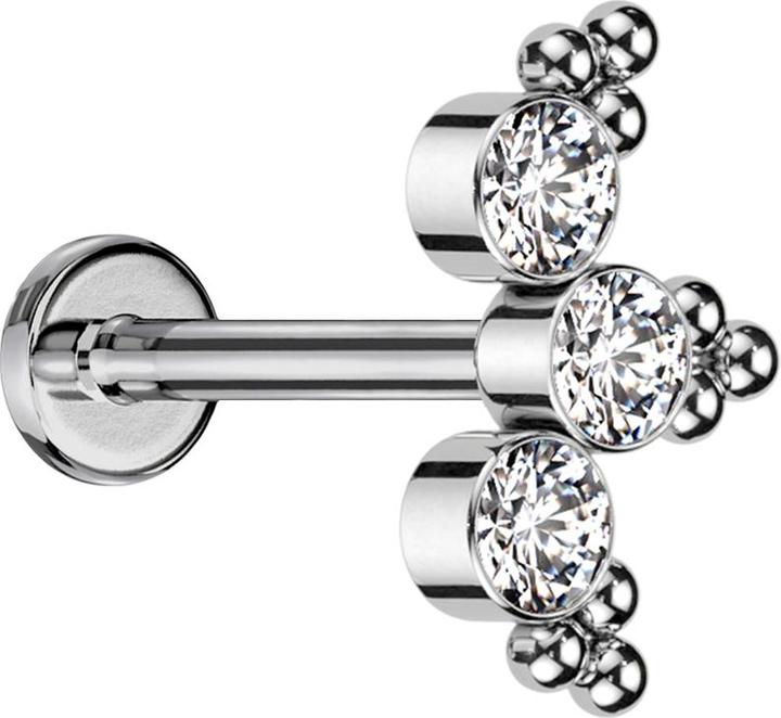 Star Piercing Micro Threadless Labret silber dreiecks Kugeln drei Kristalle silber (ohne Messing, Titan G23)