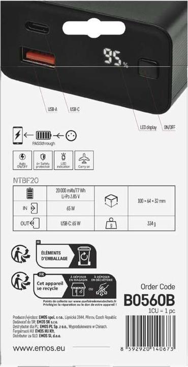 Immagine prodotto Emos Powerbank NTBF20, 20 000 mAh, 65 W PD, schwarz (20000 mAh, 65 W, 74 Wh)