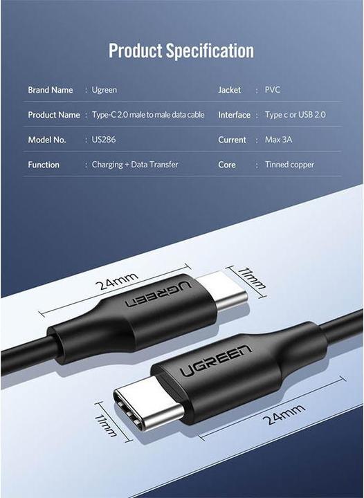 Image du produit Ugreen USB-C Power Delivery QC 3.0 20V 3A 60W (2 m, USB 2.0)