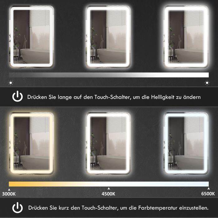 Produktbild Swisshandel24 Badezimmerspiegel, beleuchtet, Touch-Steuerung, beschlagfrei, dimmbar, 3 Lichtfarben, 50x70, Silber (50 x 70 x 4 cm)