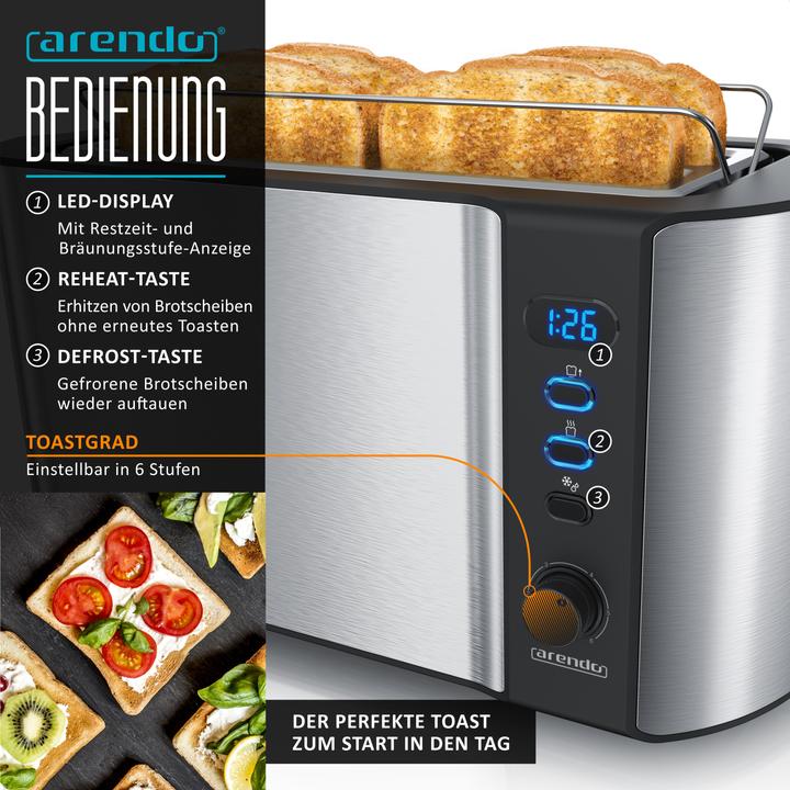 Produktbild Arendo Frühstücks Set, Edelstahl Wasserkocher 1,5l Temperaturwahl & 4-Scheiben Langschlitz Toaster, Silber