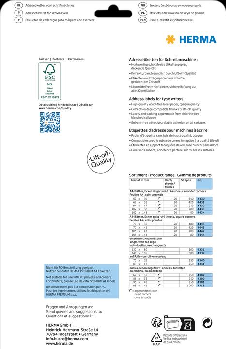 Actual product image HERMA Address labels for typewriters A4