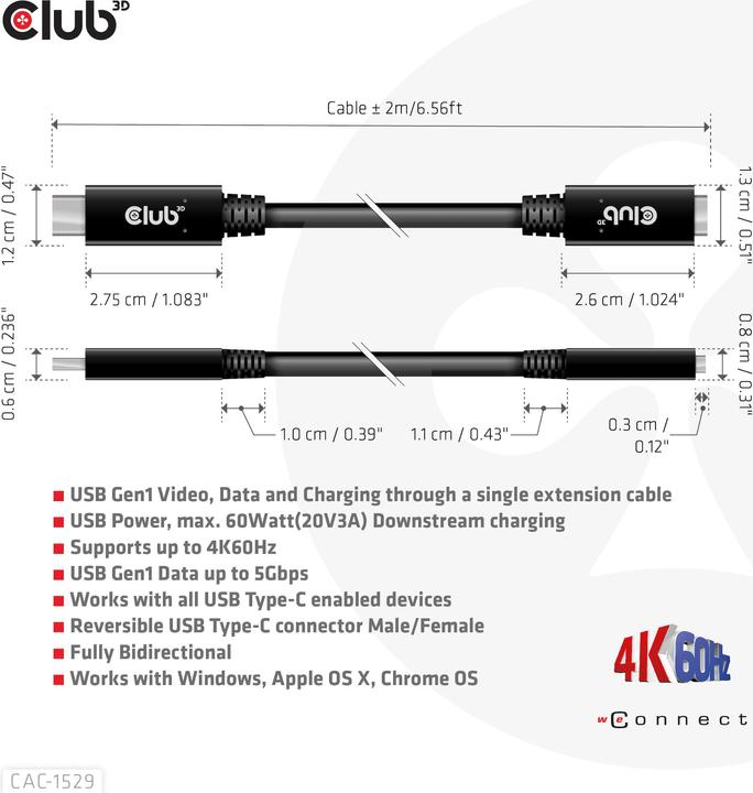 Image du produit Club 3D USB C — USB C (1 m, USB 3.0, 60 W)