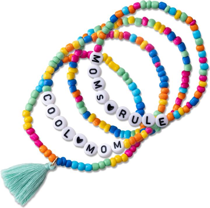 Papierdrachen 4 Perlenarmbänder – COOL MUM und MOMS RULE (Kunststoff, Gummi, Stoff)