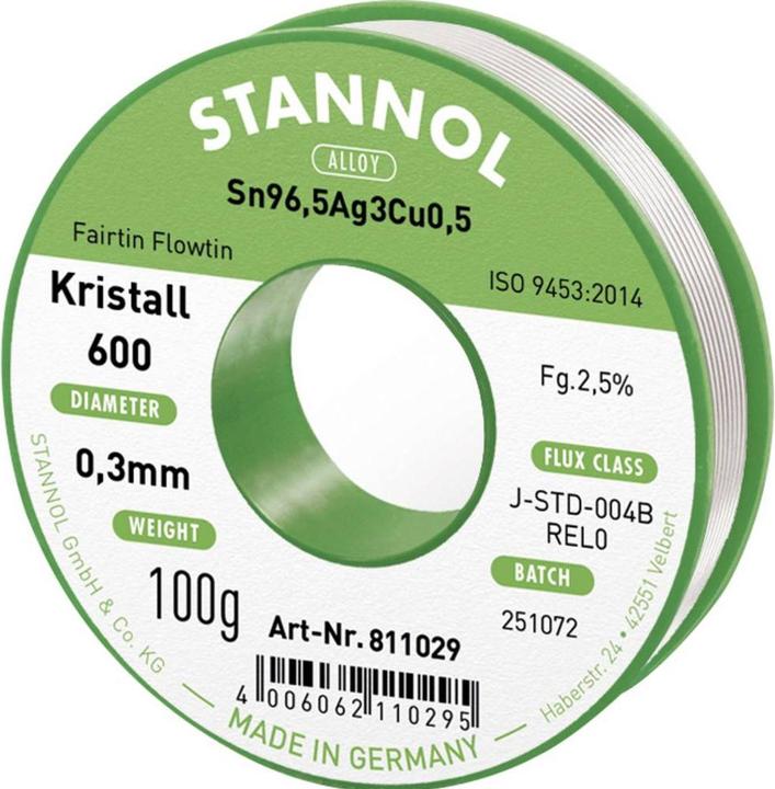 Produktbild Stannol Kristall 600 Lötzinn, bleifrei Spule Sn99,3Cu0,7 REL0 100 g 0.3 mm (Lötspulenkit)