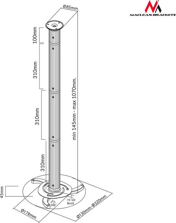 Immagine prodotto Maclean MC-517 MC-517 Supporto universale per schermo proiettore da soffitto Inclinazione regolabile (Soffitto)