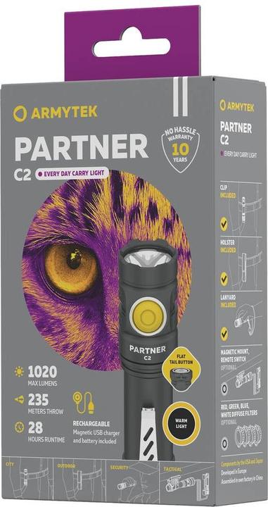 Image du produit ArmyTek Partner C2 Magnet USB Lampe torche LED chaude avec clip ceinture, avec étui alimentée par batterie (12.35 cm, 1020 lm)