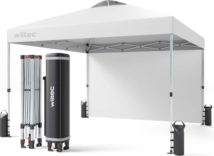 Wiltec Pop up Pavillon 3x3m weiss Seitenteil Räder Gartenpavillon Faltpavillon (300 cm, 300 cm)