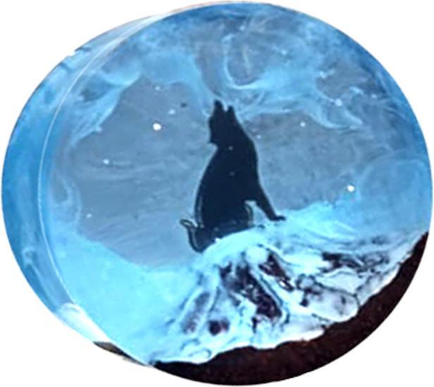 Star Piercing Flared Plug Wolf im Winter Epoxy blau aus Tamarind Holz (ohne Messing, Organisch)
