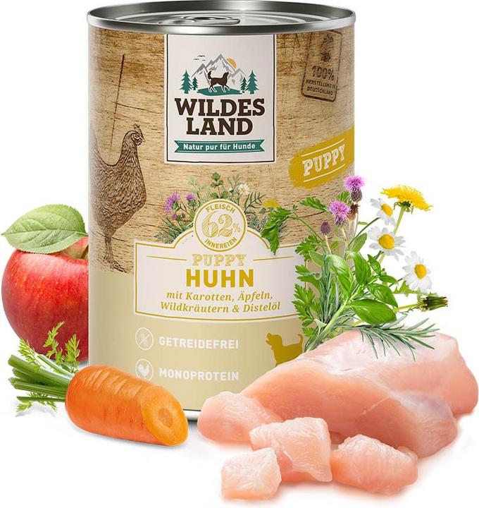 Produktbild Wildes Land Nassfutter Dog Puppy Huhn mit Karotte & Apfel, 400 g (Welpe + Kitten, 6 Stk., 466 g)