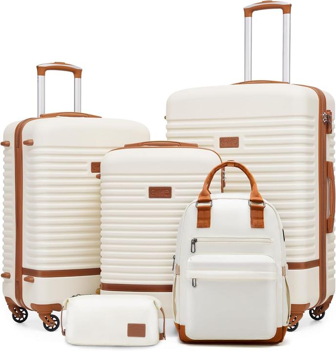 Immagine prodotto Coolife 5-teiliges Hartschalen-Trolley-Set mit Reiserucksack und Kulturbeutel (93 l, Bagaglio a mano (fino a 50 litri), M (50 - 90l), L (90 - 115l))