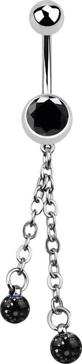 Star Piercing Banane silber mit Kette und zwei Kristallkugeln schwarz (ohne Messing, Chirurgenstahl 316L)