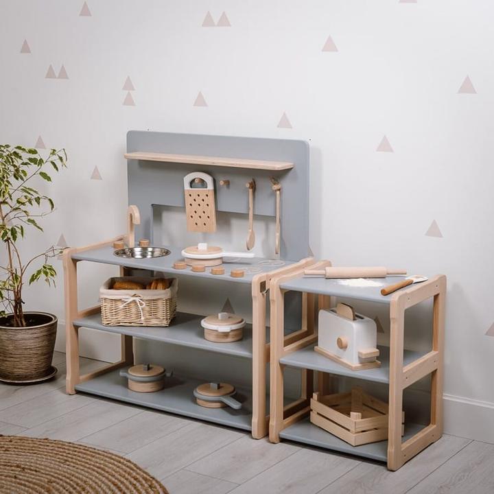 Produktbild Activity Board Waldorf-Atmosphäre, Küchen-Spielset, Kinderspielküche aus Holz für Kinder - Grau