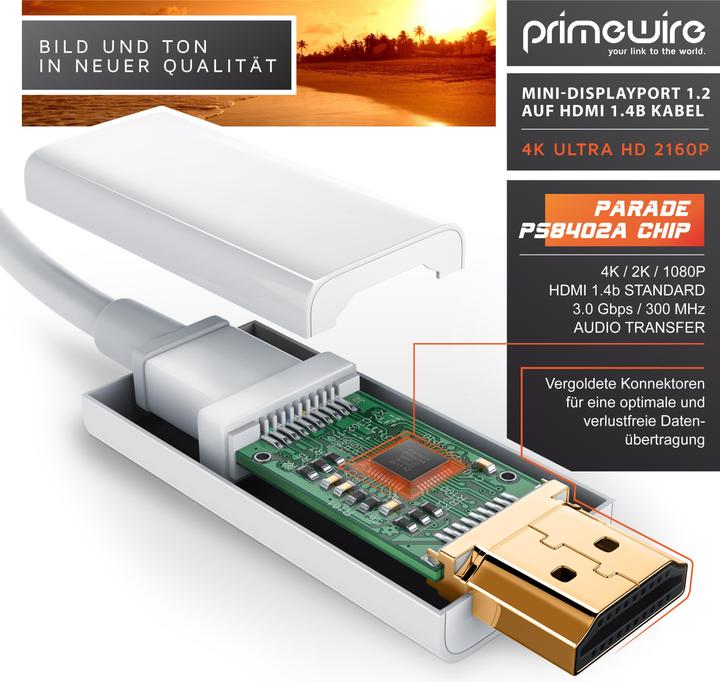 Produktbild Primewire 4k Mini Displayport 1.2 auf HDMI Kabel | Thunderbolt 1- und Thunderbolt 2 Ports | 4K Ultra HD 2160p (2 m, DisplayPort, HDMI)