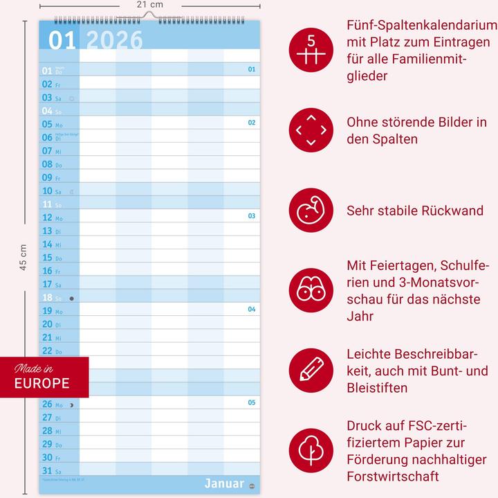 Produktbild Basic Familienplaner 2026 (21 x 45 cm, Harter Einband, Deutsch)